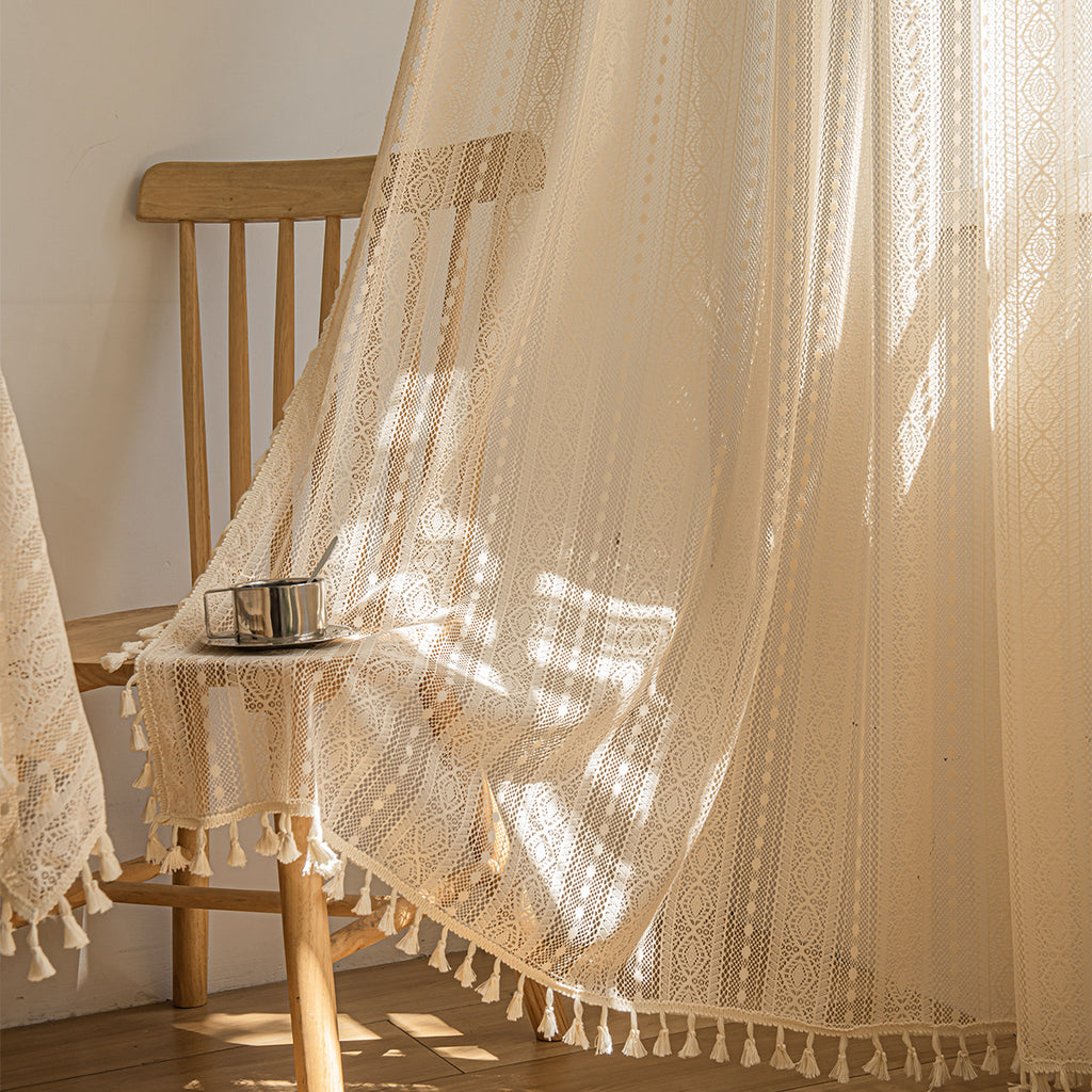 Wood Color Lace Mesh Curtains Living Room Bedroom