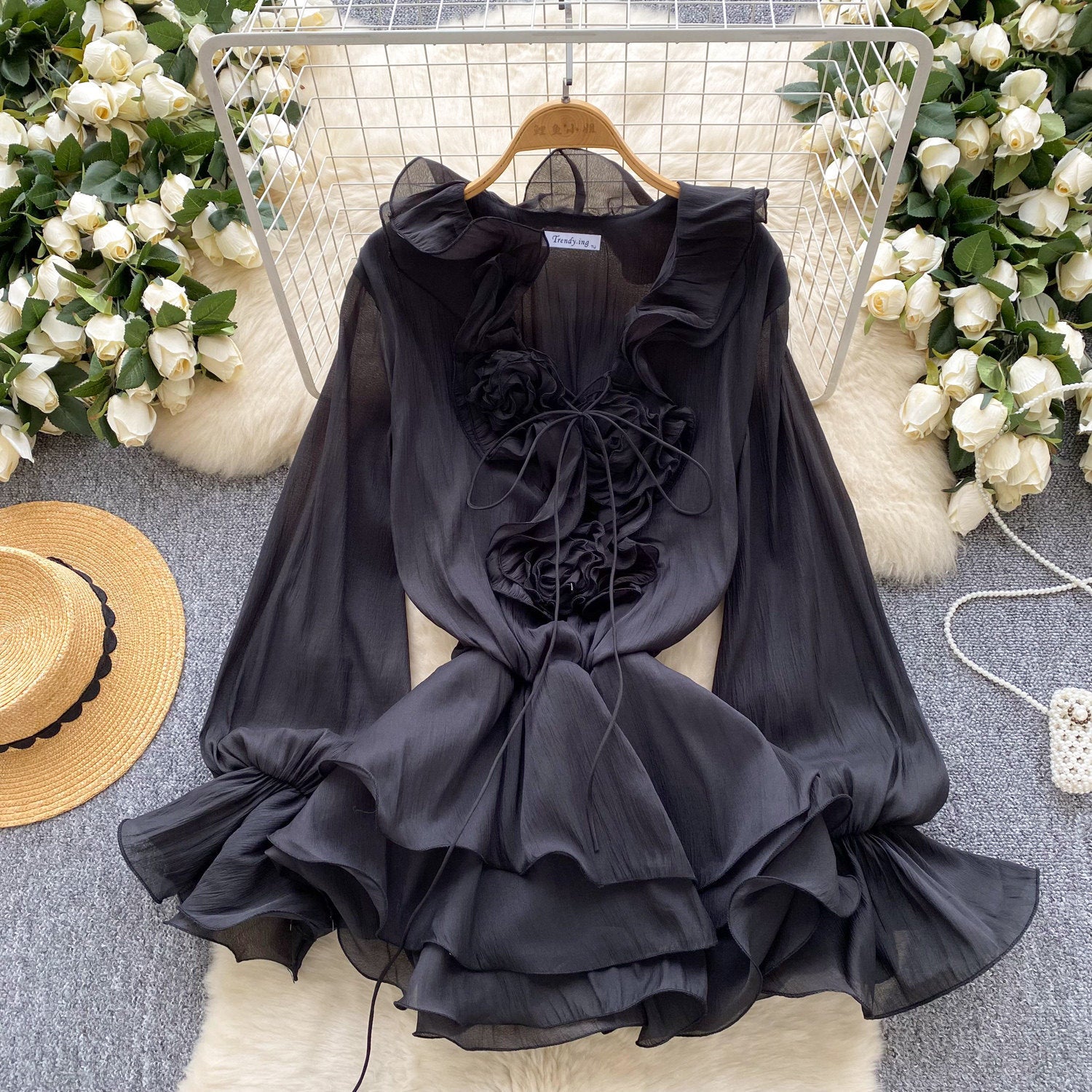 Womens Solid-Colored V-Neck 3D Floral Lace-Up Ruffled Chiffon Dress