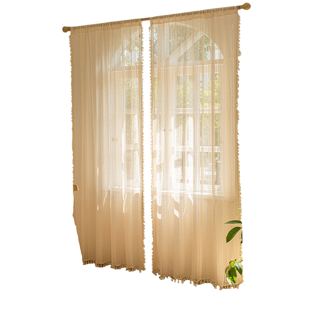 Wood Color Lace Mesh Curtains Living Room Bedroom