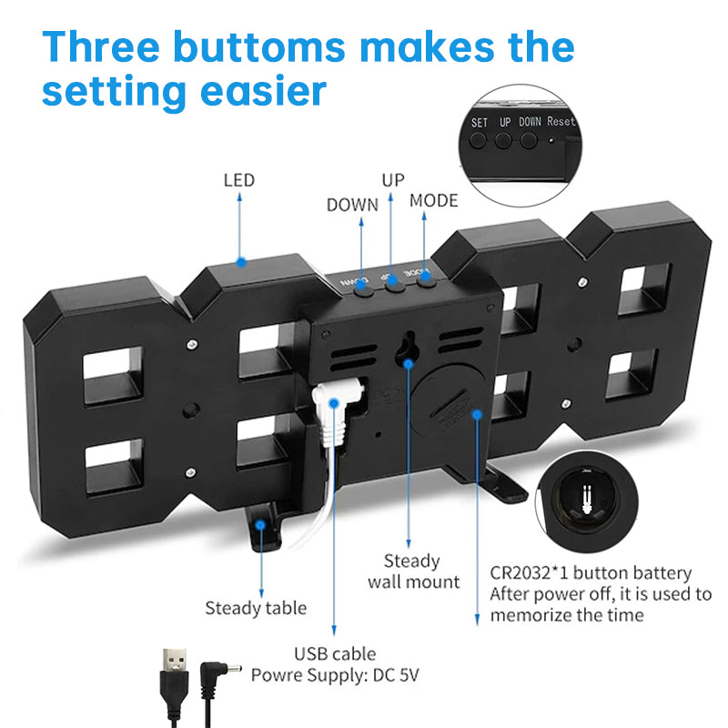 3D LED Digital Alarm Clock with Colorful Display, 12/24 Hour Format for Office, Living Room, Bedroom, Kitchen