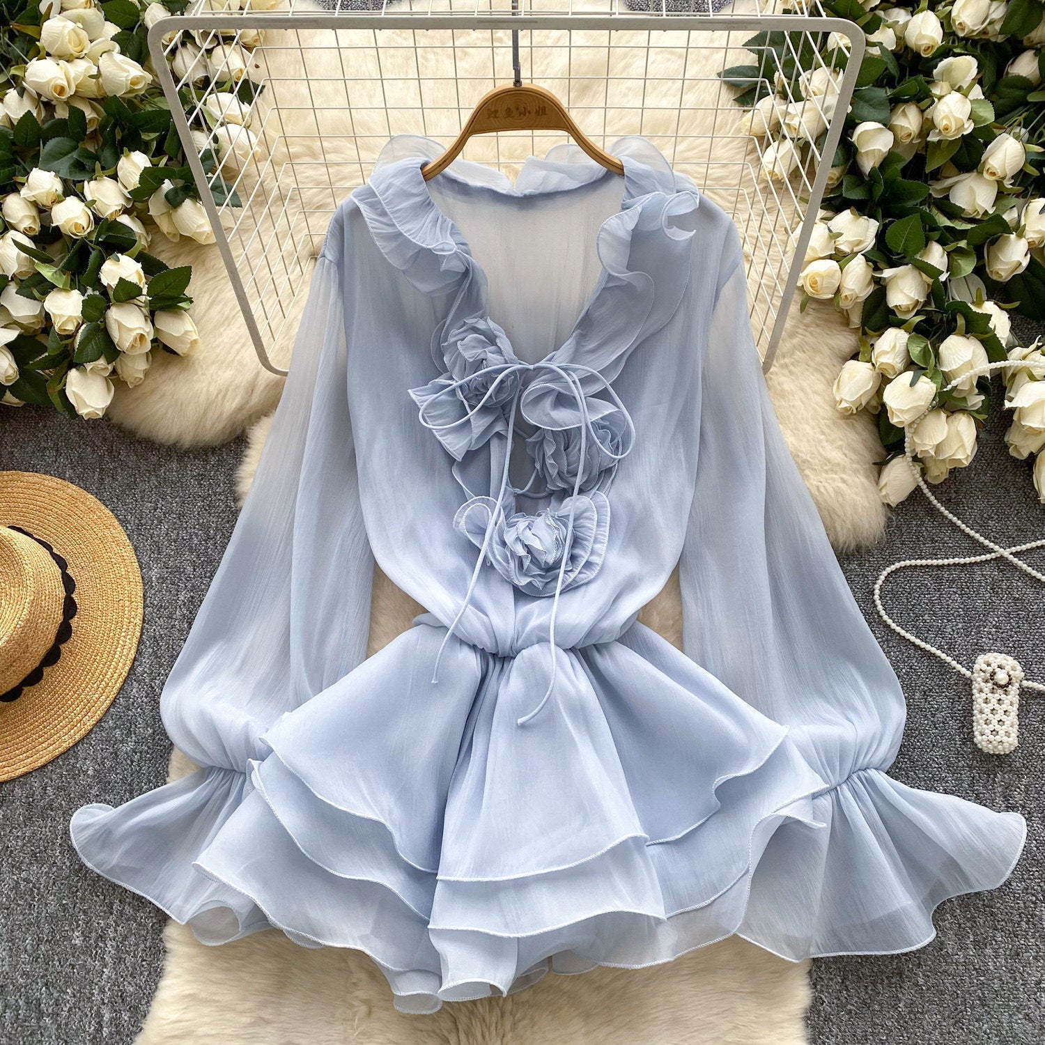 Womens Solid-Colored V-Neck 3D Floral Lace-Up Ruffled Chiffon Dress